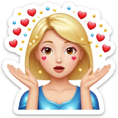 Hearts eyes with kissy face  and open arms surrounded by sparkles  sticker