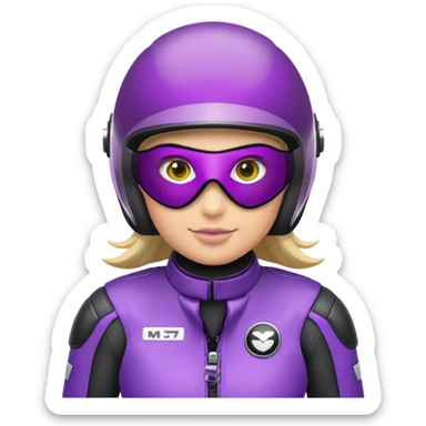 Créer un emoji avec une moto mt07 sport noir mate / violet iridescent très foncé, pare-brise de la moto violet. Avec une femme pilote dessus, visage masqué par la visière violette . Avec en arrière plan cercle violet. sticker