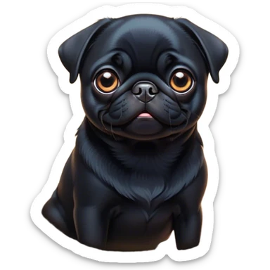 Cinematic Cute Black Pug Portrait Emoji, Head tilted playfully and inquisitively, featuring a glossy black coat with a smooth finish, round, sparkling dark eyes filled with curiosity, Simplified yet irresistibly adorable features, highly detailed, glowing with a warm, friendly glow, high shine, affectionate and lively, stylized with a touch of whimsy, bright and endearing, soft glowing outline, capturing the essence of a mischievous yet loving pup, so playful it feels like it could bounce out of the screen and into your arms! sticker