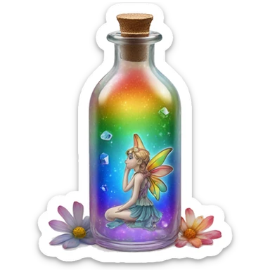 Antique oil bottle made of crystal glass of all delicate colors of the rainbow, a living flower fairy sits at the bottom of the bottle sticker