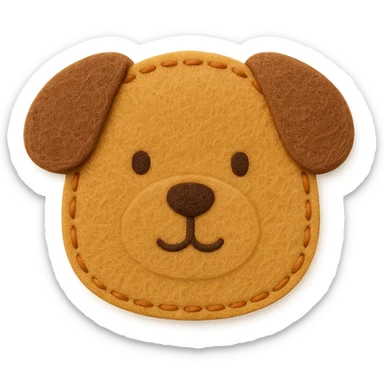 <StylePrompt>
  <Name>Minimal Felt Appliqué Icon</Name>
  <Description>
    A soft, handcrafted felt icon style with lightly padded forms, simple shapes, and clean outlines. Features slightly more visible stitching for tactile charm while maintaining a low-detail aesthetic.
  </Description>
  <VisualProperties>
    <Material>Felt</Material>
    <Texture>Soft, matte surface with subtle fiber detail</Texture>
    <Stitching>
      <Type>Threaded edge stitch</Type>
      <Color>Muted orange or warm brown</Color>
      <Pattern>Evenly spaced running stitch around edges</Pattern>
      <Thickness>Medium (approximately 10% more pronounced than minimal)</Thickness>
      <Contrast>Moderate (stitch color clearly distinct from base felt)</Contrast>
    </Stitching>
    <Padding>Low to moderate—slightly raised but not deeply dimensional</Padding>
    <Edges>Smooth and rounded with clean curves</Edges>
    <ColorPalette>
      <Primary>Warm yellows, oranges, and browns</Primary>
      <Accent>Dark brown for facial features</Accent>
      <Background>Neutral off-white or soft beige</Background>
    </ColorPalette>
  </VisualProperties>
  <FacialFeatures>
    <Eyes>Small round dots</Eyes>
    <Nose>Simple oval or triangle</Nose>
    <Mouth>Minimal curved line or none</Mouth>
    <DetailLevel>Low</DetailLevel>
  </FacialFeatures>
  <Rendering>
    <Lighting>Soft and diffused</Lighting>
    <Shadows>Subtle, barely visible</Shadows>
    <Perspective>Front or side profile, flat angle</Perspective>
  </Rendering>
  <Applicability>
    <SubjectType>Animals, symbols, objects</SubjectType>
    <OutputFormat>Icon, patch, or sticker</OutputFormat>
  </Applicability>
</StylePrompt>

{subject} = dog sticker