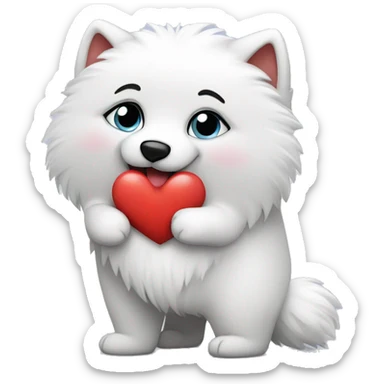 American Eskimo holding a big cute heart sticker