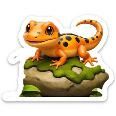A 3D cartoon salamander on a mossy rock, orange and black spots, smooth shiny skin, small smiling face, soft realistic lighting, Memoji-style look. sticker
