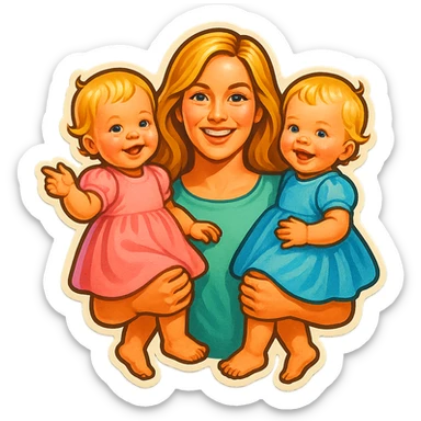 mother with long light hair and two one-year-old twin girls with short light hair on her arms, pastel dresses, retro stickers style, soft shadows, different variations sticker