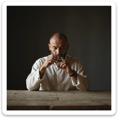 Hyperrealistic 4K image of a man sipping water during 23-hour fast, empty table, Zen atmosphere, serene expression, detailed facial features reference. sticker