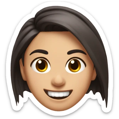 hair in a ponytail, looks like Mila Kunis, upper front fangs point forward, sweet smile, just like the photo sticker