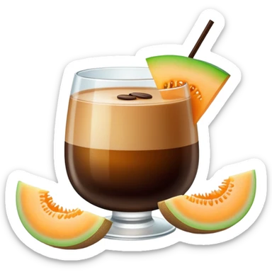 dark coffee carajillo drink in a glass with a slice of cantaloupe melon on the side sticker