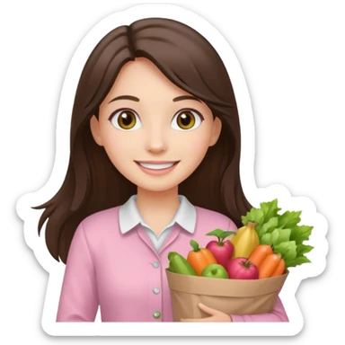 smiling long brunette hair girl hazel eyes wearing light pink clothes holding groceries sticker