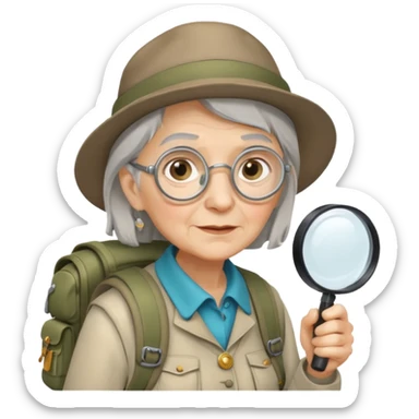 Explorer old woman with magnifying glass and backpack sticker