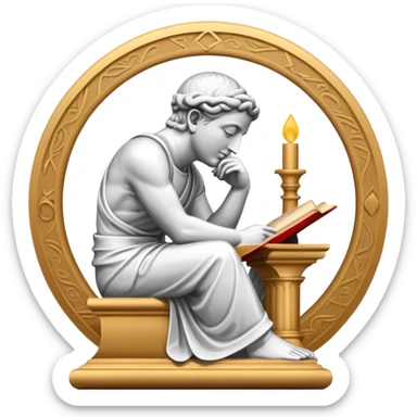 An icon featuring a Thinker statue, a scroll, symbolizing philosophy. The design includes books and abstract symbols representing deep thought and wisdom. Transparent background highlights the study of ideas, logic, and existential questions sticker