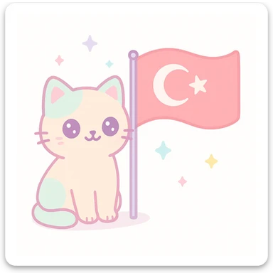 a friendly cat sitting next to a waving Turkish flag sticker