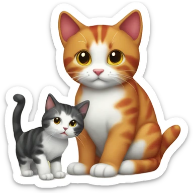 A small tricolour cat playing with a big red cat sticker