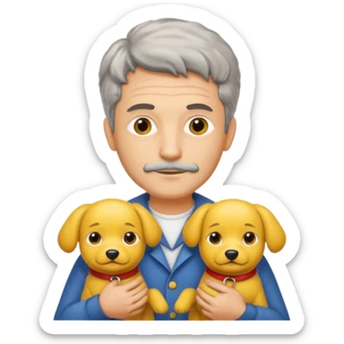 Italian man with no mustache and salt and pepper hair holding two yellow dogs sticker