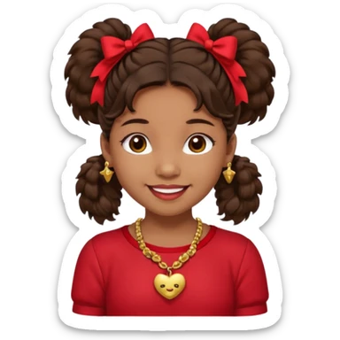 Brownskin girl dark brown hair fluffy. pigtails with red bows brown eyes smiling closed mouth red shirt gold esrrings gold necklace sticker