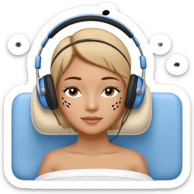 A stylized young woman lying on a massage table, relaxed, wearing headphones, small musical notes around the head. Flat vector style, thick black outline, simple palette (warm beige-brown tones + accent blue), clean background, high legibility at small size. 72x72, square, vector. sticker