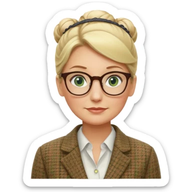 older teacher with hair pulled back into a blonde bun green eyes and glasses sticker