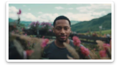 A portrait of a person in the foreground, blurred plants in the foreground, a wooden fence and colorfull flowers in the midground, rolling hills in the background, cinematic depth of field, layered composition, natural lighting sticker
