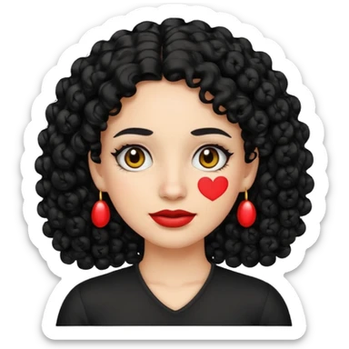 30-year-old Puerto Rican woman with white skin, black curly hair, emoji style sticker