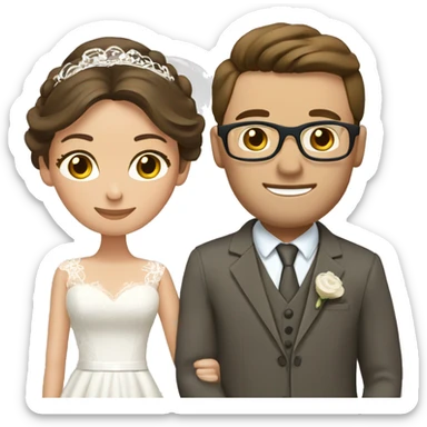 Wedding couple. Bride has brown hair pinned up. She wears lace dress. She has blue eyes. Groom has olive green suit and brown vest. He has brown hair. He wears glasses. He has brown eyes. sticker