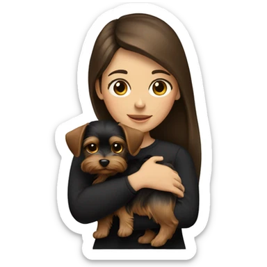 A brunette girl with long hair in a black long sleeve holds a small Yorkshire terrier puppy in her arms sticker