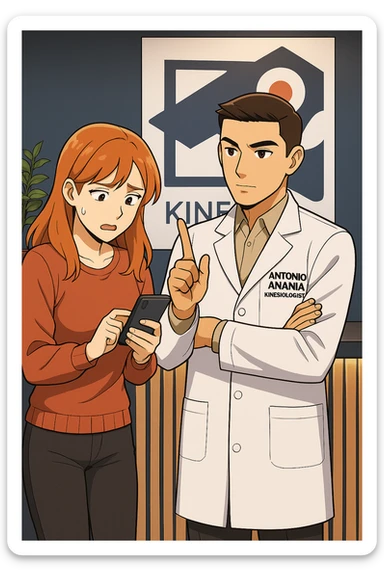 su questo stile fai un manga/webtoon a colori in cui una donna CONTROLLA LO SMARTPHONE MENTRE PARLA CON L'UOMO, l'uomo della foto in stile manga LE DICE DI "NO" CON IL DITO, mantieni un ambiente simile alla foto che ho allegato con il suo logo (sarebbe il suo studio, lui è un kinesiologo), scrivigli "ANTONIO ANANIA" sul camice bianco, non mettere fumetti, ma fai in modo che sembri che la donna CONTROLLI LO SMARTPHONE E L'UOMO CON I GESTI LE FACCIA CAPIRE CHE STA SBAGLIANDO sticker