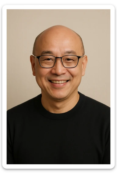 bald Asian man with glasses, friendly face, simple background sticker