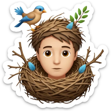 Man who has a birds nest on top of his head for hair sticker