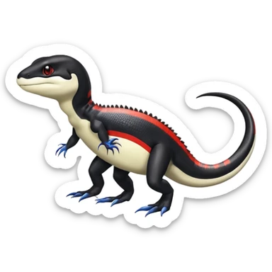 Black and white Orca-hybrid-reptile-reptilian-lizard-skink-gecko-Digimon-Fakémon-Pokémon-fusion-hybrid full body, two legs, two arms, claws, anthropomorphic, with red stripe sticker