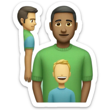 Man wearing a light blue hemd and a Green sweater sticker