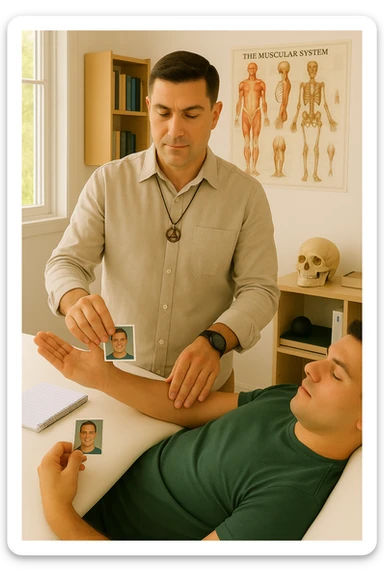 a middle-aged man, dressed in casual professional attire, is in a bright, organized therapy studio. Durante una visita di kinesiologia, il ragazzo tiene con una mano la foto di una persona lontana (il “testimone”) tiene la foto in mano, mentre con l’altra mano esegue un test muscolare su un cliente presente senza foto lui non tiene la foto. Sullo sfondo si vedono libri di kinesiologia, poster anatomici e strumenti tipici della disciplina. L’atmosfera è concentrata e serena, con luce naturale che entra dalla finestra, sottolineando l’aspetto alternativo e umano della pratica. sticker