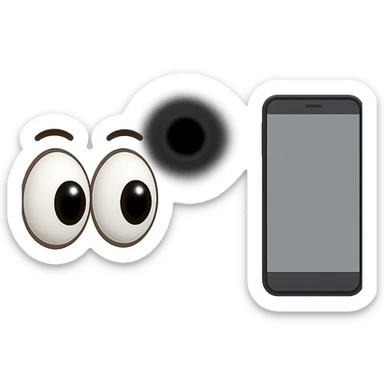 two wide open eyes looking at a smartphone with a mysterious black hole nearby sticker
