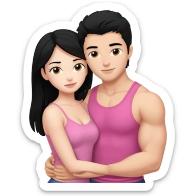 a pretty bratz fair girl. black hair, wearing a pink cami top hugging a handsome fair guy with black hair. lean but muscular sticker