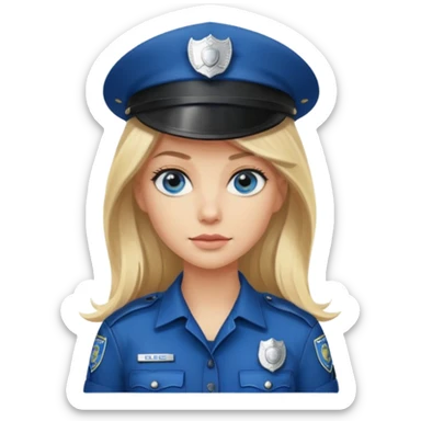A blonde long hair woman wearing a dark police hat with a silver badge, looking straight ahead with a calm expression. sticker