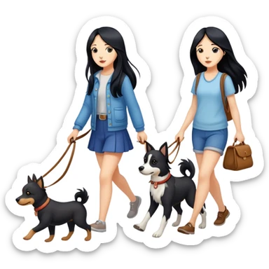 A girl with long black hair walking with three dogs sticker