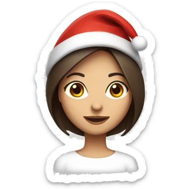 Brunette girl with brown eyes a long bob and a Santa hat sticker