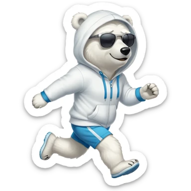 friendly anthropomorphised polar bear jogging upright wearing a hoodie and shorts, dark sunglasses sticker