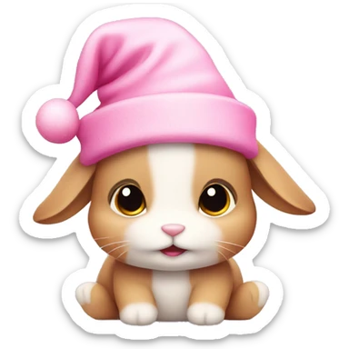 A pink little cute bunny wearing a little cute pink Christmas hat sticker