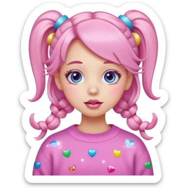 “Emoji girl, pastel pink blush, sparkly wide eyes, glossy bubblegum lips, hair in pigtails with colorful clips, oversized pastel sweater.” sticker