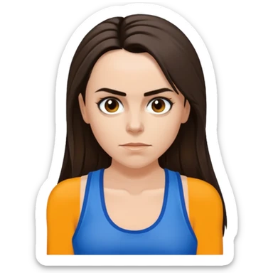 Melanie C with hazel eyes, dark brown long ponytail hair, blue tank top sticker