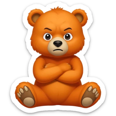 Create a orange friendly bear, make him look like from a kid cartoon. Show his whole body. Make him look shy and cross his leg while he is standing. make him look mad sticker