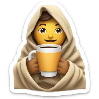 Person wrapped in a blanket with a coffee cup sticker