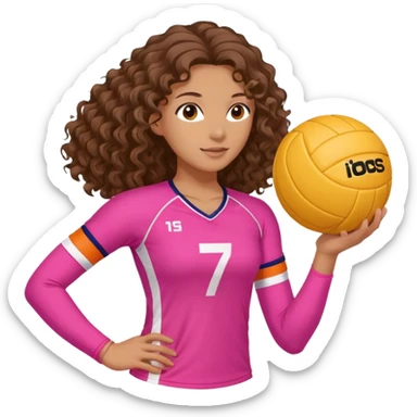 a volleyball player in profile playing (white, brunette with long curly hair) (with a pink outfit with the number 7) and a ball with white and orange stripes sticker