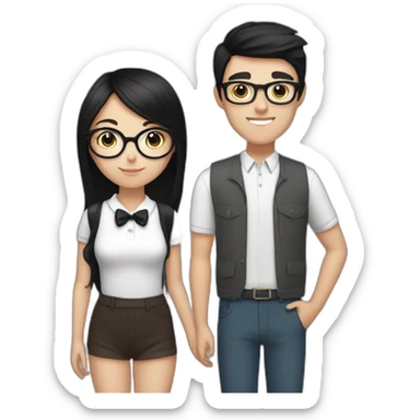 white girl with straight black hair and glasses with brunette boy with a bow and a black and white cat sticker