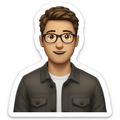 short-haired, brown-haired young man wearing glasses, unable to put a key in the lock of a door sticker