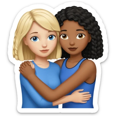 Girl best friends: one taller white girl with straight blond bob and blue eyes, one shorter black girl with long black curly hair, hugging sticker