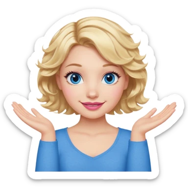 Girl Blonde short wavy hair,  blue eyes, cute blue top, long lashes, pink lips, smiling, making an x with arms  sticker