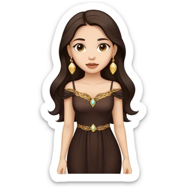 Beautiful woman,cute, long dark brown hair in dark dress with gold earrings sticker
