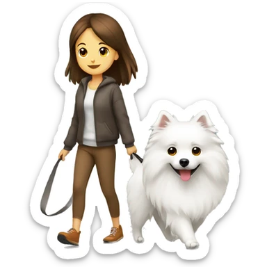 Japanese spitz dog walk with brown hair girl sticker
