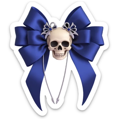 gothic bow, midnight blue silk, silver skull brooch, black feather accents, mysterious and lush sticker