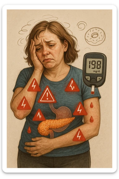 "Woman struggling with worsening insulin sensitivity, blood sugar spikes visualized as red warning signals throughout her body, expression of energy crashes and sugar cravings, pancreas working overtime shown in transparent overlay, pre-diabetic progression despite dietary efforts, metabolic syndrome symptoms accumulating, glucose meter showing increasingly concerning readings" scritte in italiano sticker